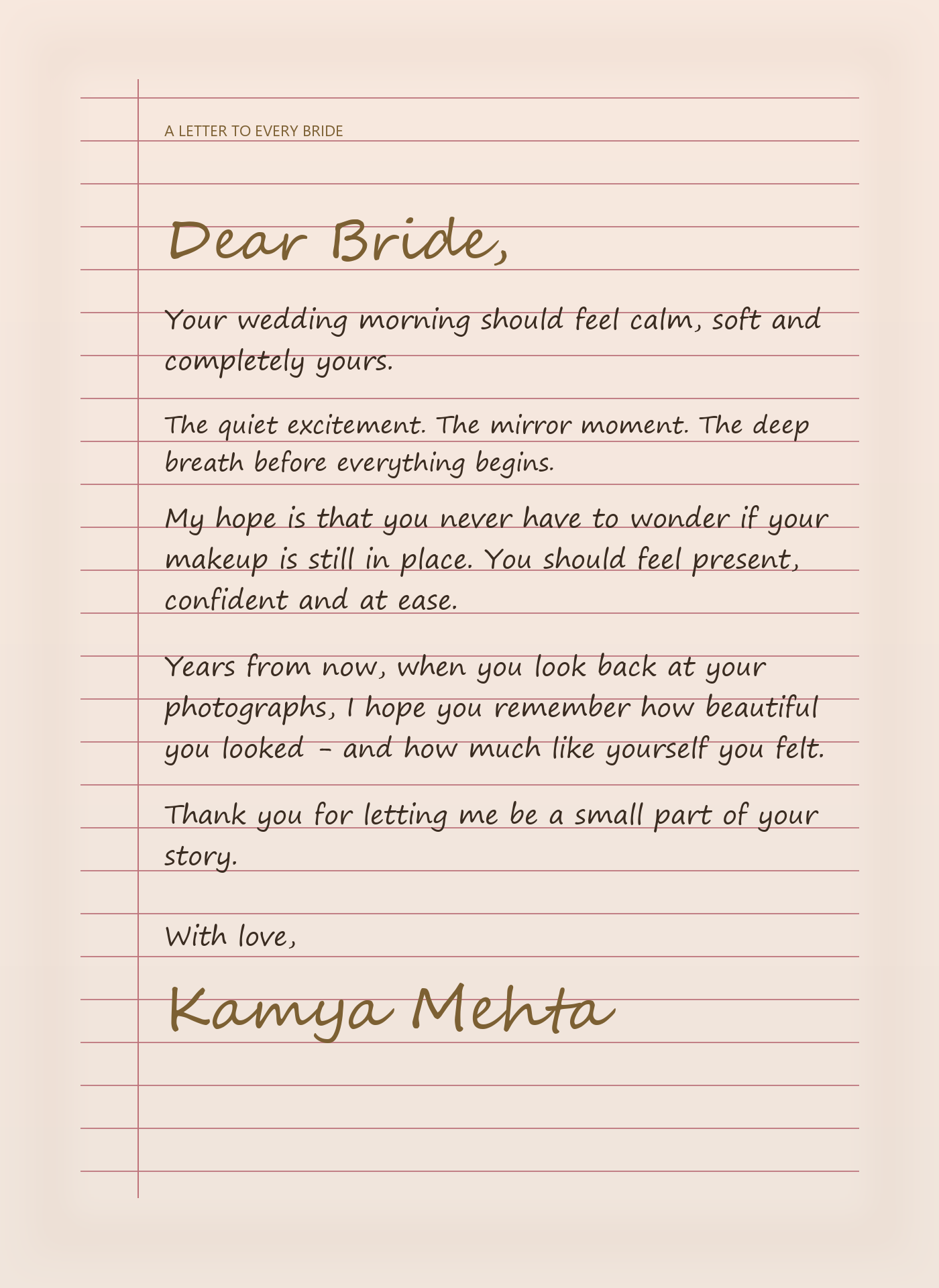 A handwritten letter from Kamya Mehta to every bride