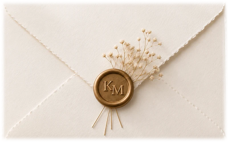 A sealed cream envelope with a gold wax KM seal and dried gypsophila